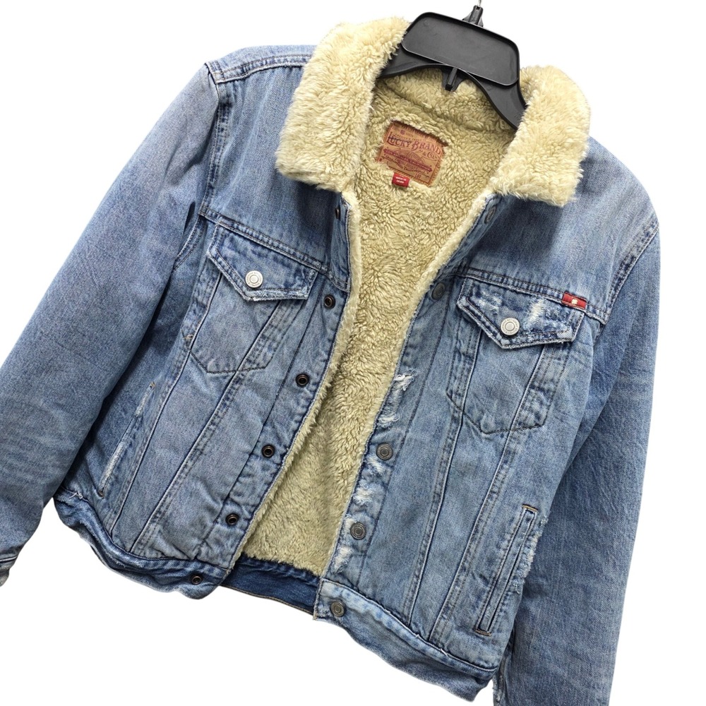 Lucky Brand Mens Sherpa Lined Denim Trucker Jacket Light Wash Distressed Medium